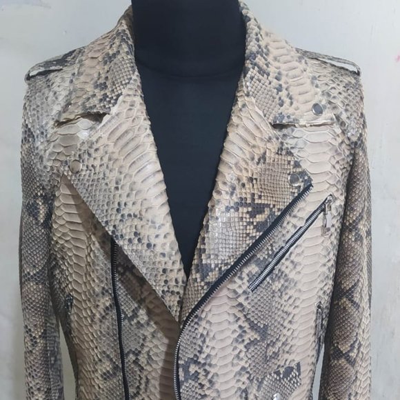 Gray Snakeskin Leather Motorcycle Jacket - Picture 1 of 7